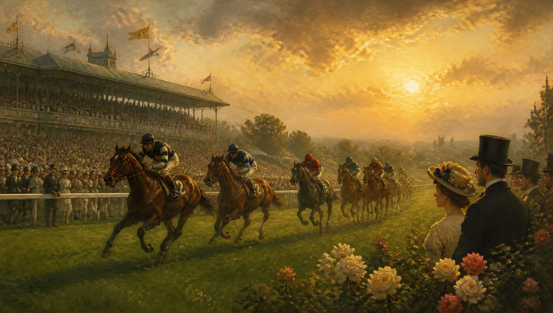 Course hippique classique au coucher de soleil